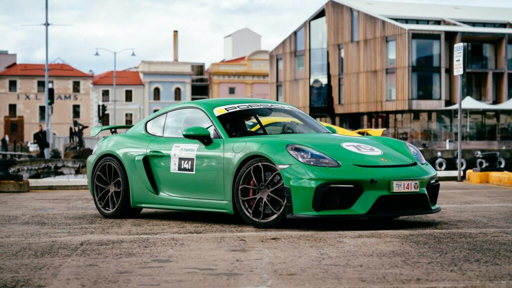 The Porsche Cayman GT4 is right at home on the twisting tarmac of Targa Tasmania.