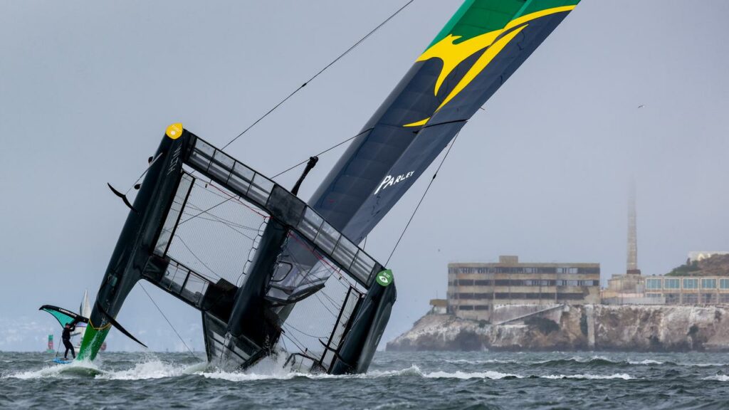 Sail GP leaders Team Australia capsized and damaged their catamaran on San Francisco Bay.