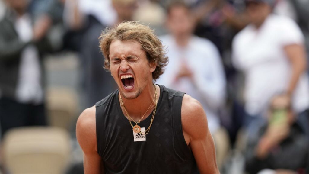 Germany’s Alexander Zverev celebrates beating Argentina’s Sebastian Baez in five sets.