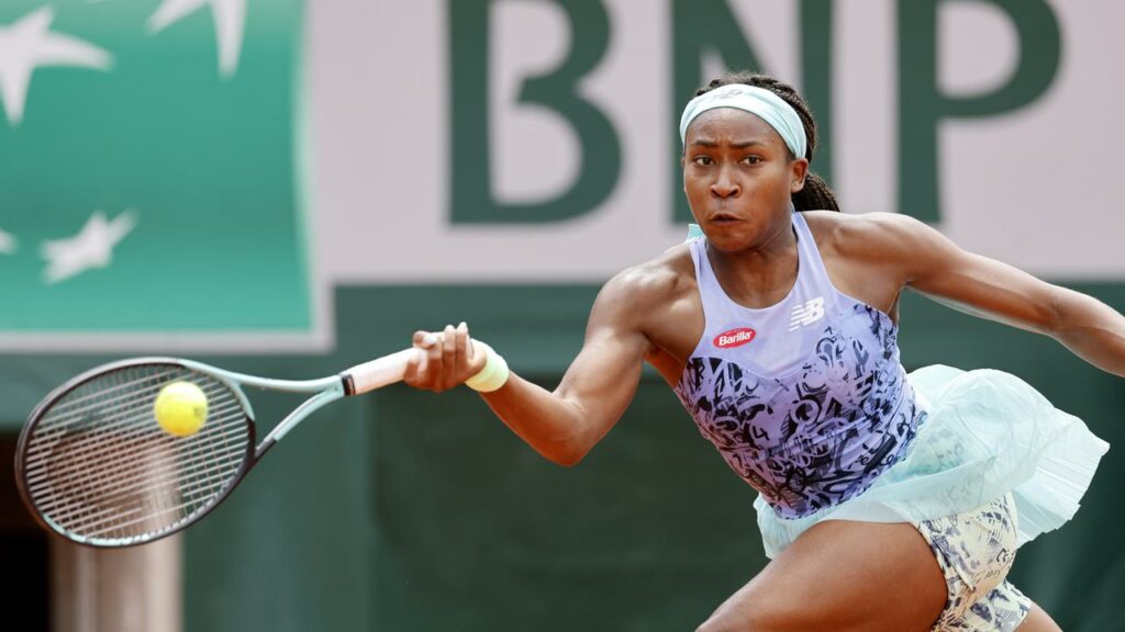 Coco Gauff returns the ball on the way to victory over Belgium’s Alison Van Uytvanck in Paris.
