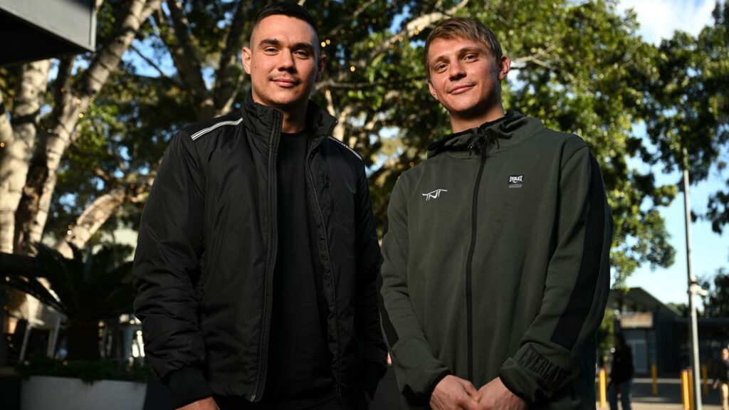 Tim and Nikita Tszyu pose after a press conference to announce the latter’s fight with Ben Horn.