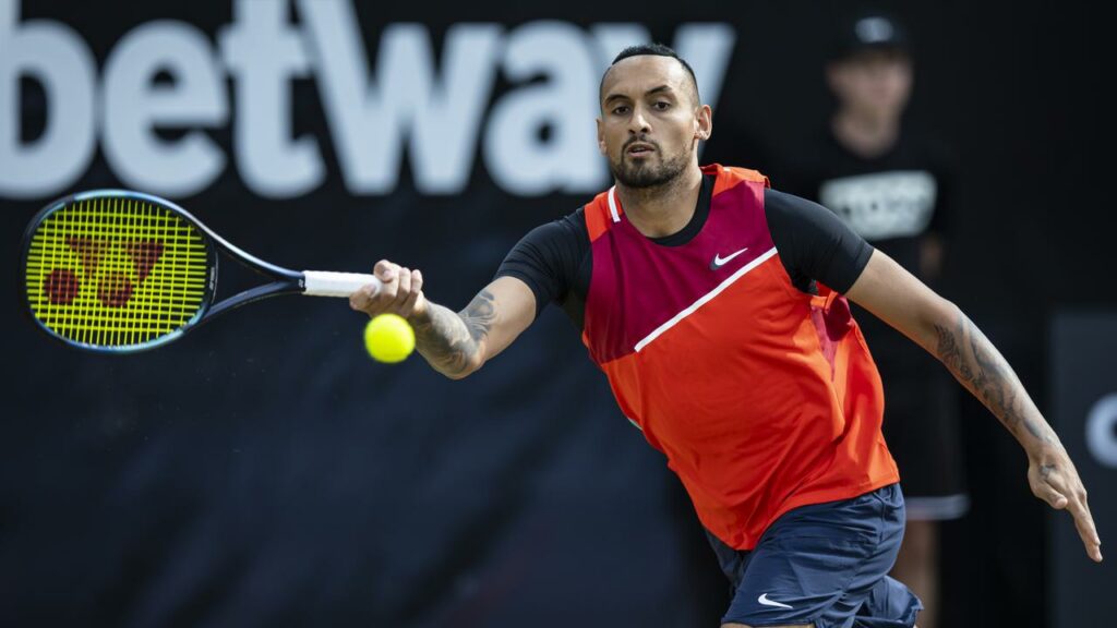 Australia’s Nick Kyrgios returns against Hungary’s Marton Fucsovics in Stuttgart.