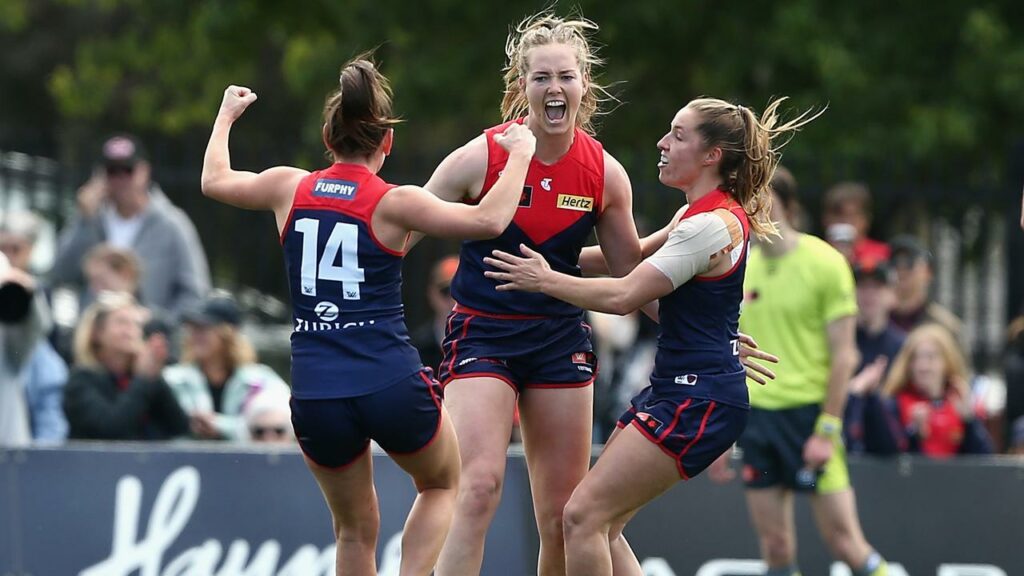Eden Zanker (c) kicked two goals in Melbourne’s 78-point AFLW thrashing of West Coast.