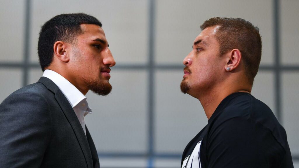 Justis Huni (l) and Kiki Leutele face off ahead of their heavyweight clash in Brisbane.