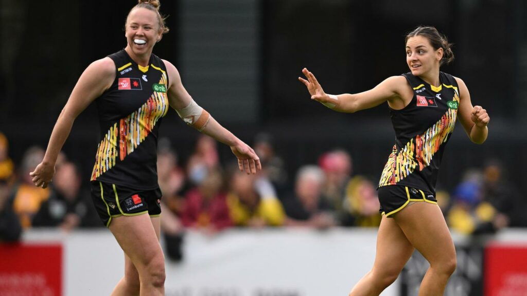 Star Richmond midfielder Monique Conti (r) has enjoyed another standout season in the AFLW.