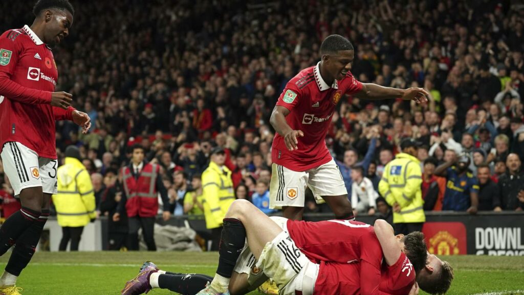 Scott McTominay (bottom) celebrates his goal in Man United’s 4-2 EFL Cup win over Aston Villa.
