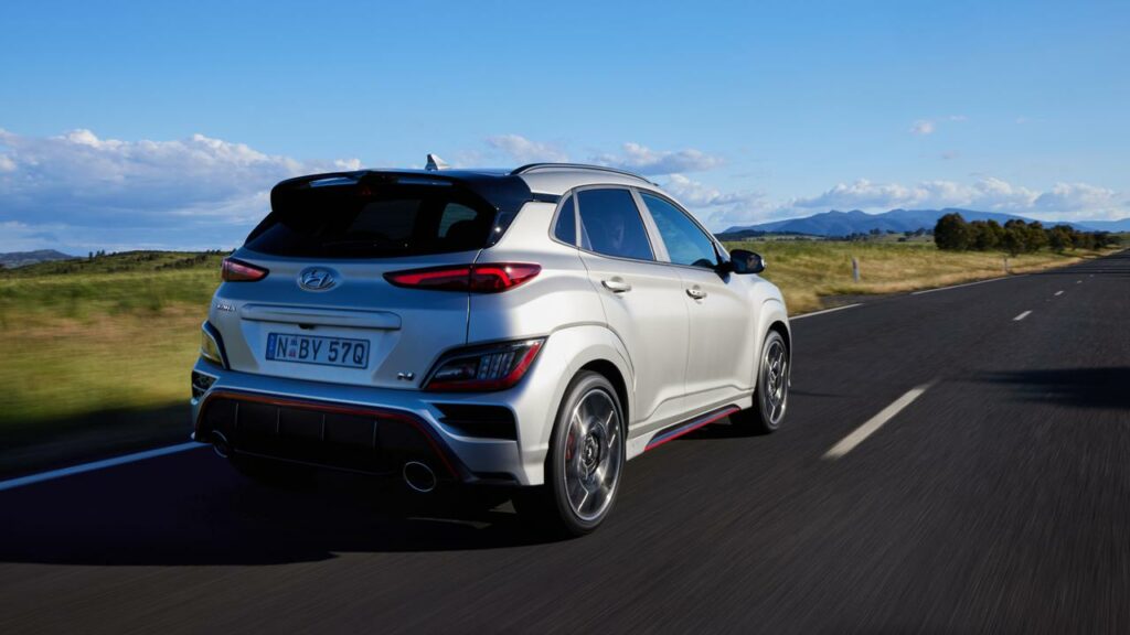Hyundai’s Kona N comes with a slick aero kit, including black-and-red rear diffuser.