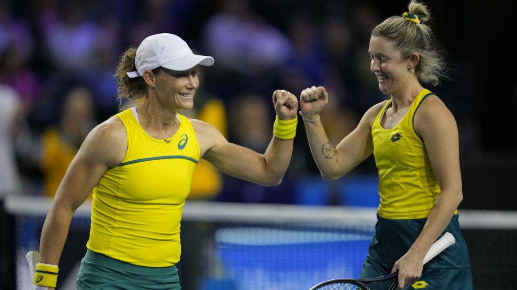 Sam Stosur, left with Storm Sanders, will co-captain Australia in the United Cup mixed event.