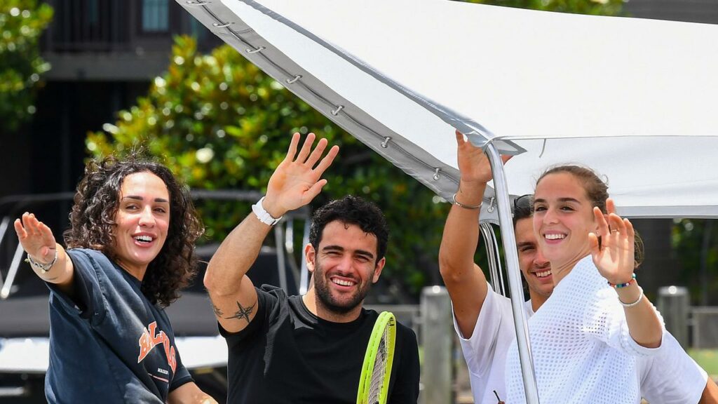 Matteo Berrettini, second left, with his Italy teammates enjoying the Brisbane River on Tuesday.