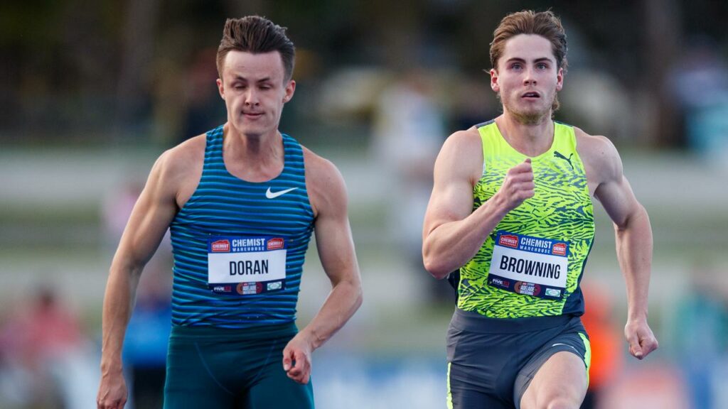 Sprint star Rohan Browning (R) claimed the 100m from Jake Doran at the Adelaide Invitational.