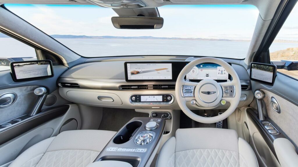 The Genesis GV60 interior is opulent and features camera-fed vision for rear vision.