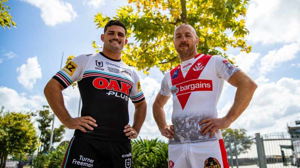 Penrith captain Nathan Cleary (l) and St Helens rival James Roby ahead of the World Club Challenge.