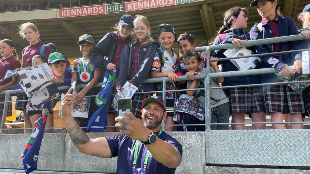 New Zealand Warriors legend Ruben Wiki greets fans at Sky Stadium in Wellington.
