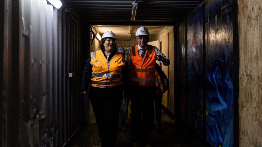 Victorian Premier Daniel Andrews tours the Arden Station construction site in Melbourne.