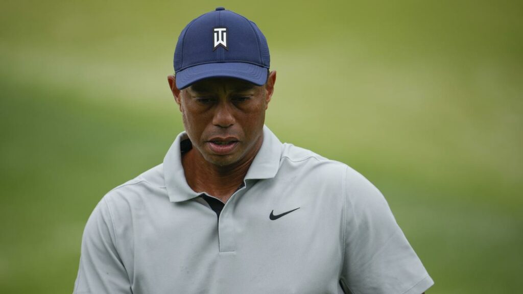 Tiger Woods on the practice range preparing for his latest Augusta challenge.