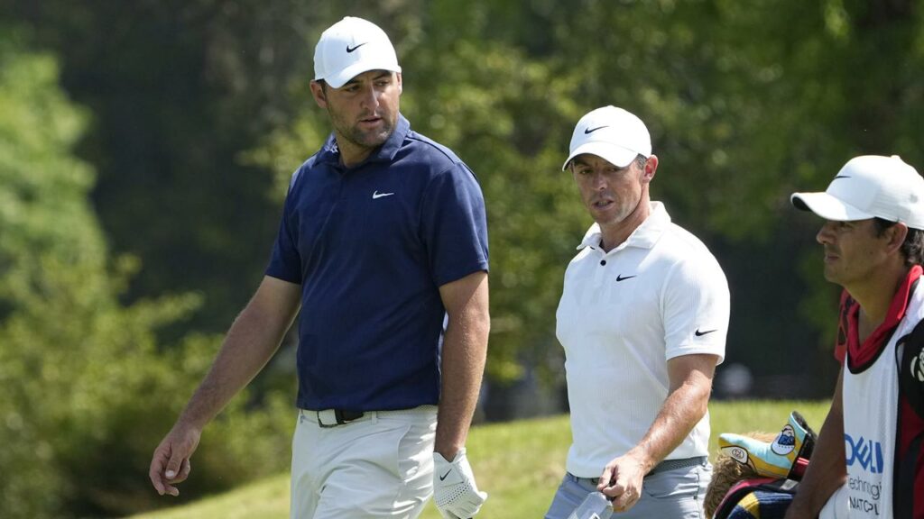 Scottie Scheffler (left) and Rory McIlroy (centre) headline a divided Masters field in Georgia.