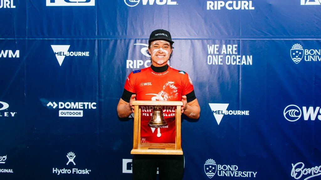A beaming Tyler Wright after winning the final at Bells Beach last year.
