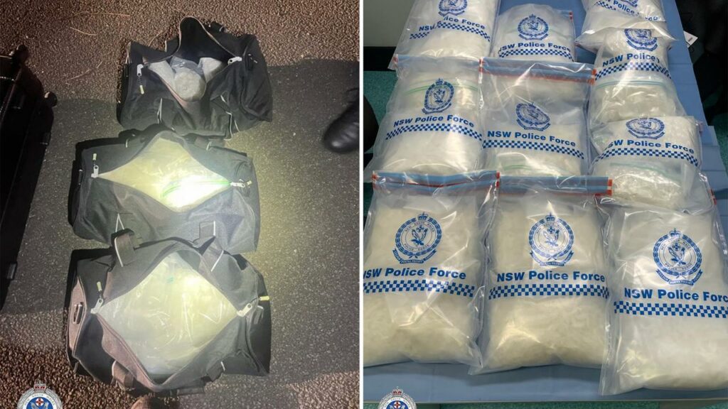 Three duffel bags stuffed with $30 million-worth of meth were seized by NSW Police.