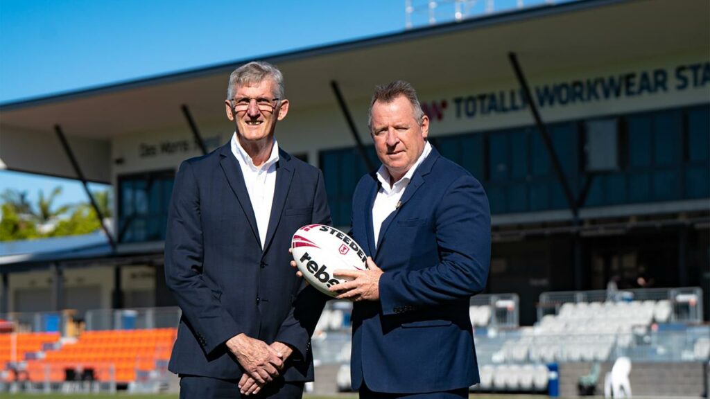 Brisbane Tigers NRL bid chairman Shane Edwards (l) and CEO Brian Torpy at revamped Langlands Park.