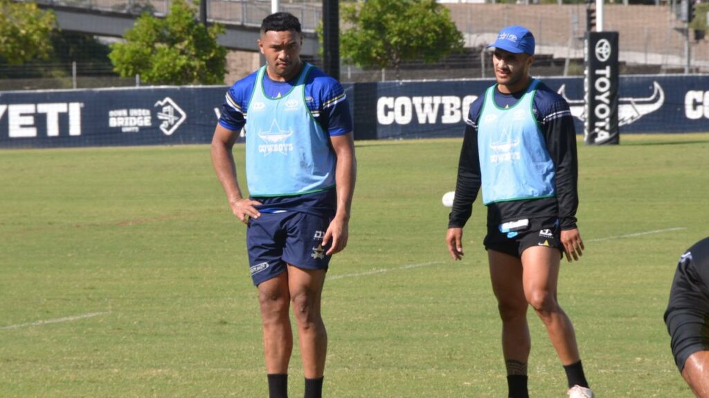 Teenage second-rower Kulikefu Finefeuiaki (l) will make his NRL debut for the Cowboys on Sunday.
