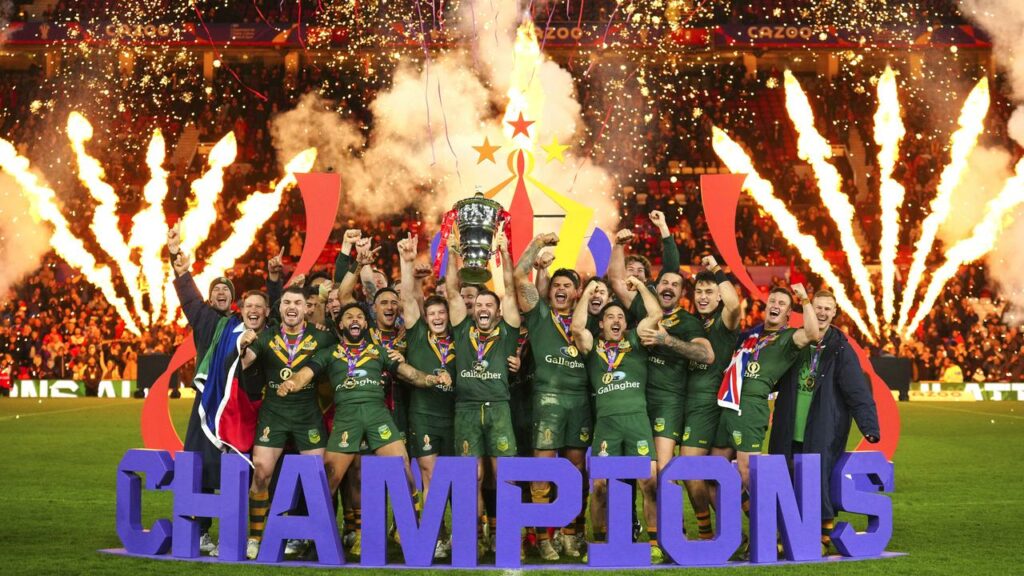 Australia celebrate winning the Rugby League World Cup, who stages the next event is uncertain.