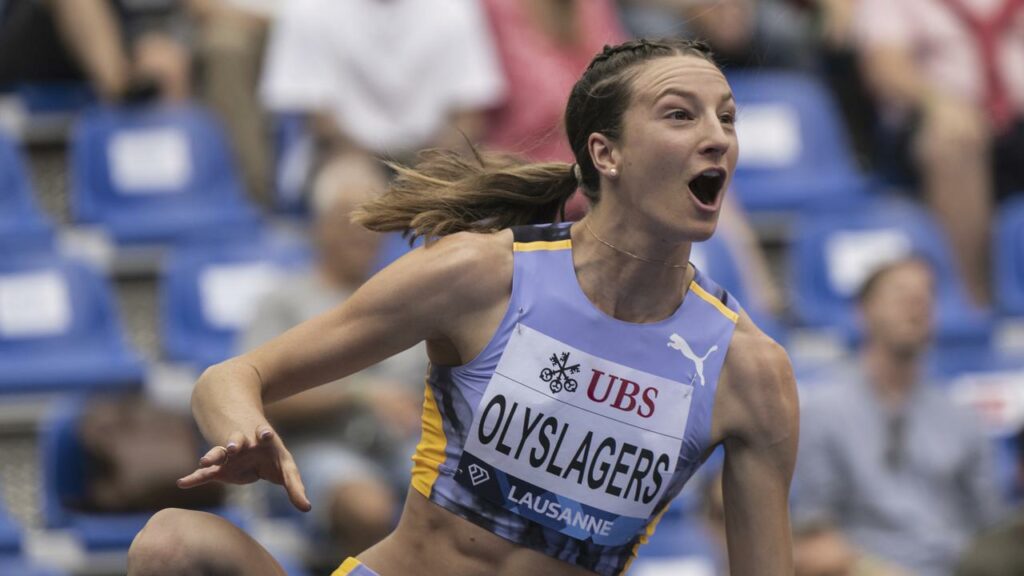 Nicola Olyslagers roars her delight en route to matching her national and Oceanian high jump record.