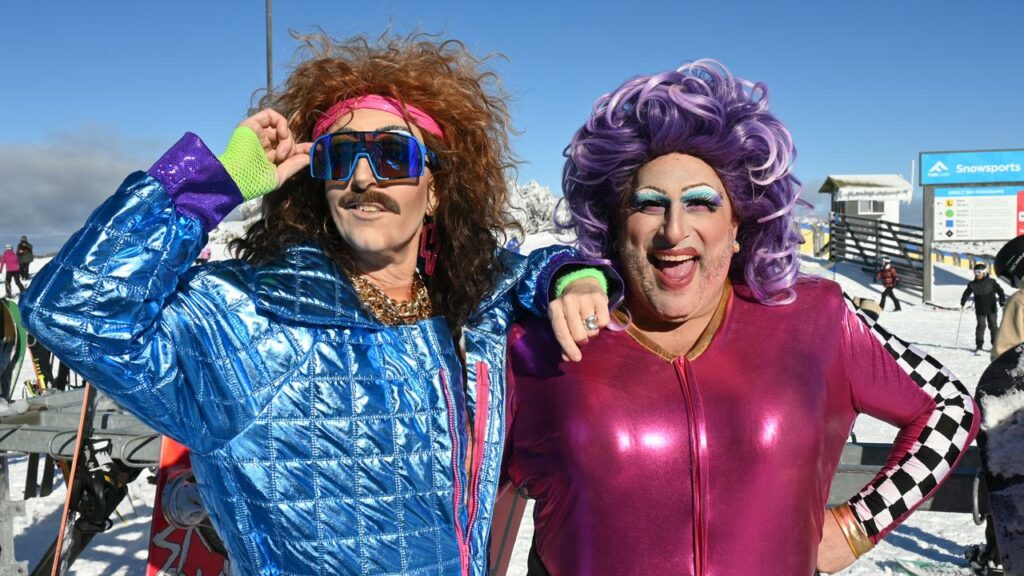 Drag duo Freddie Merkin and Frock Hudson enjoy the snow at Falls Creek in northeastern Victoria.