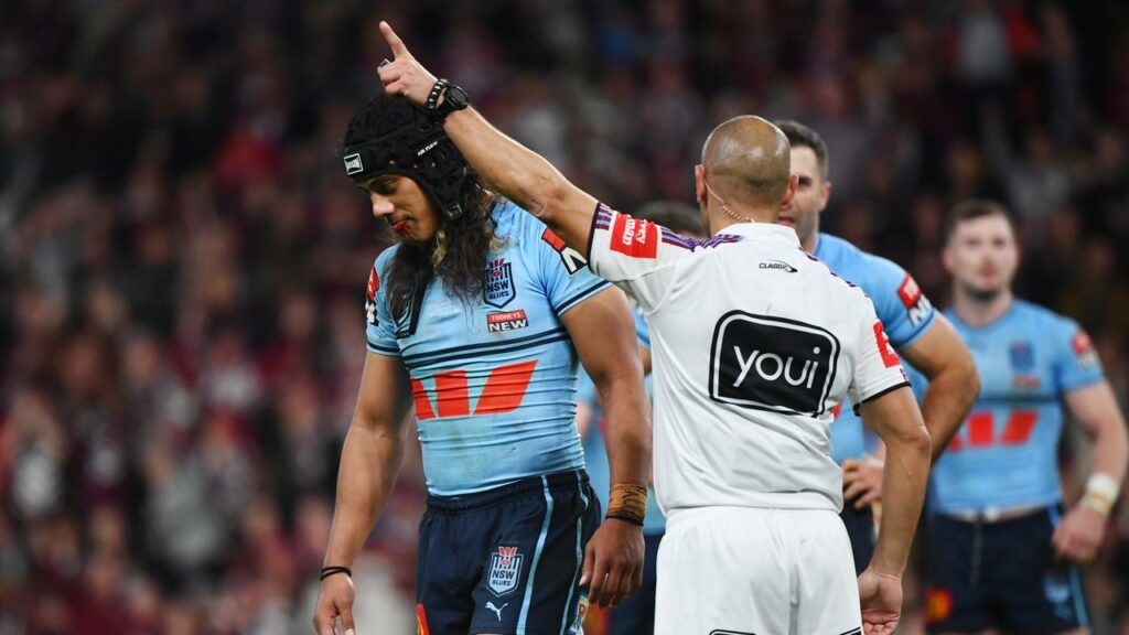 Jarome Luai, of the Blues, is sent off by referee Ashley Klein against Queensland Maroons.