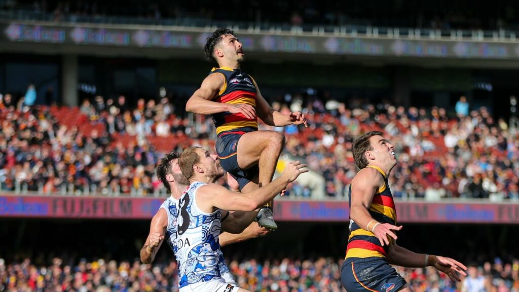 Izak Rankine (middle) kicked five goals as Adelaide posted a 66-point AFL win over North Melbourne.