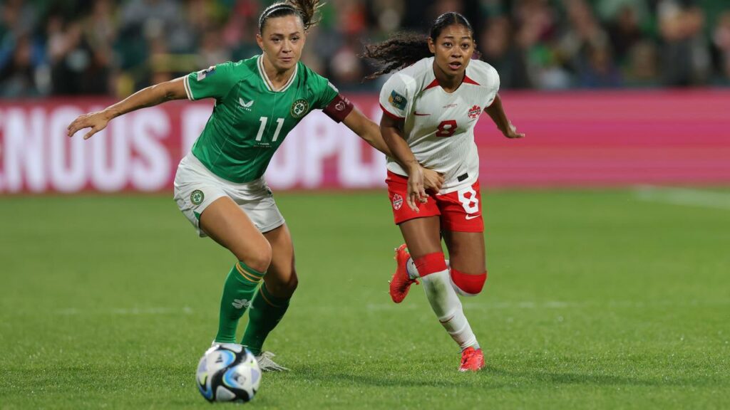 Ireland’s Katie McCabe (left) gave Canada a scare with an early Olimpico goal in their WWC match.