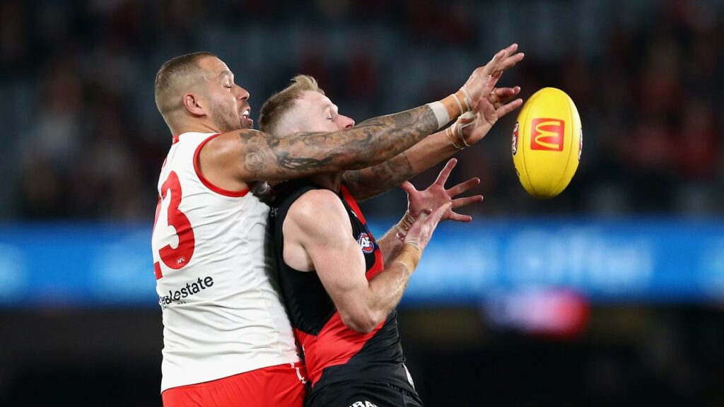 The Swans are sweating on an injury to Lance Franklin, here contesting the ball against Essendon,