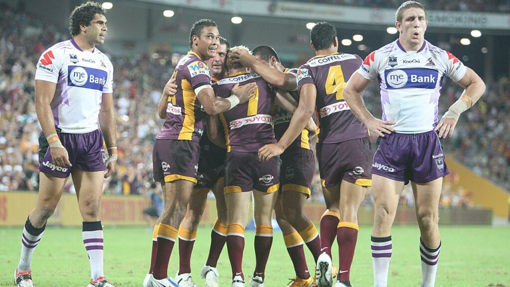 The Broncos celebrate a try the last time they beat the Storm at Suncorp Stadium on March 20, 2009.