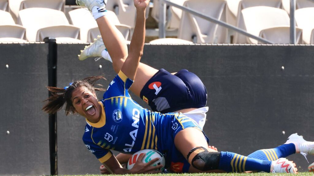 Parramatta’s Kimberley Hunt celebrates one of her two tries in a NRLW win over North Queensland.