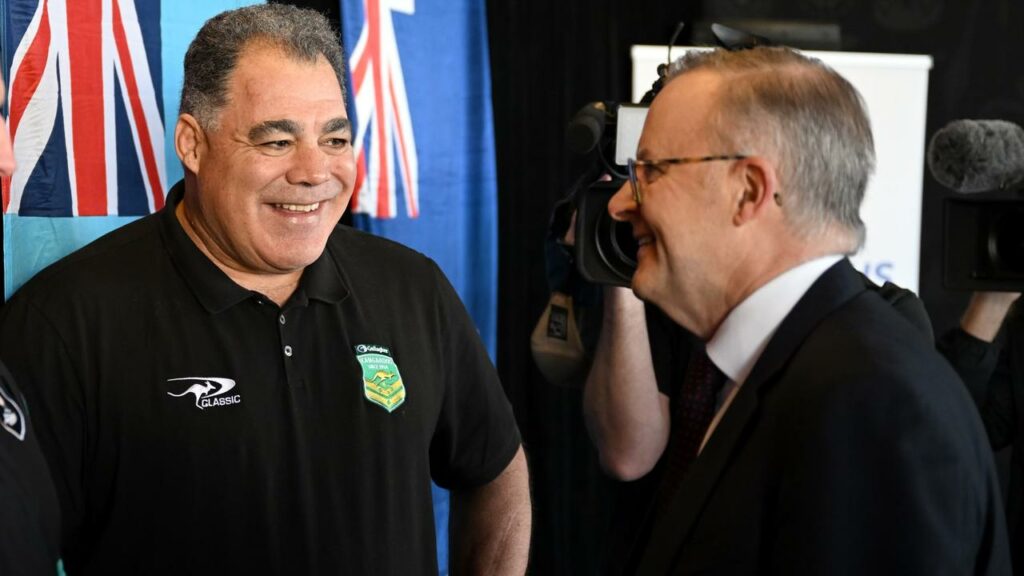 Australia coach Mal Meninga and PM Anthony Albanese at league’s Pacific Championships launch in Qld.
