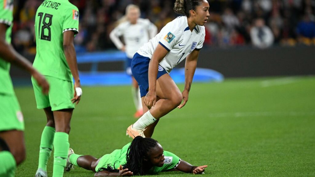 England’s Lauren James steps on the back of Nigeria’s Michelle Alozie during their last-16 clash.
