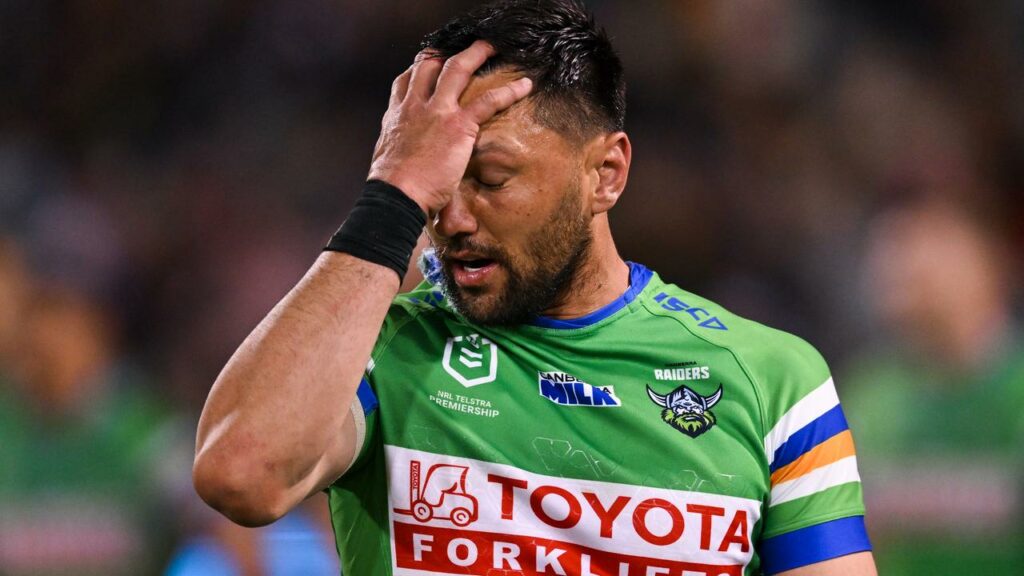 Canberra’s Jordan Rapana reacts during the Raiders’ defeat by Brisbane.