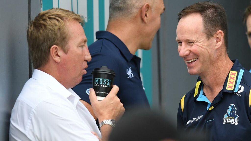 Justin Holbrook (r) will reunite with Roosters coach Trent Robinson (l) in 2024 as his assistant.