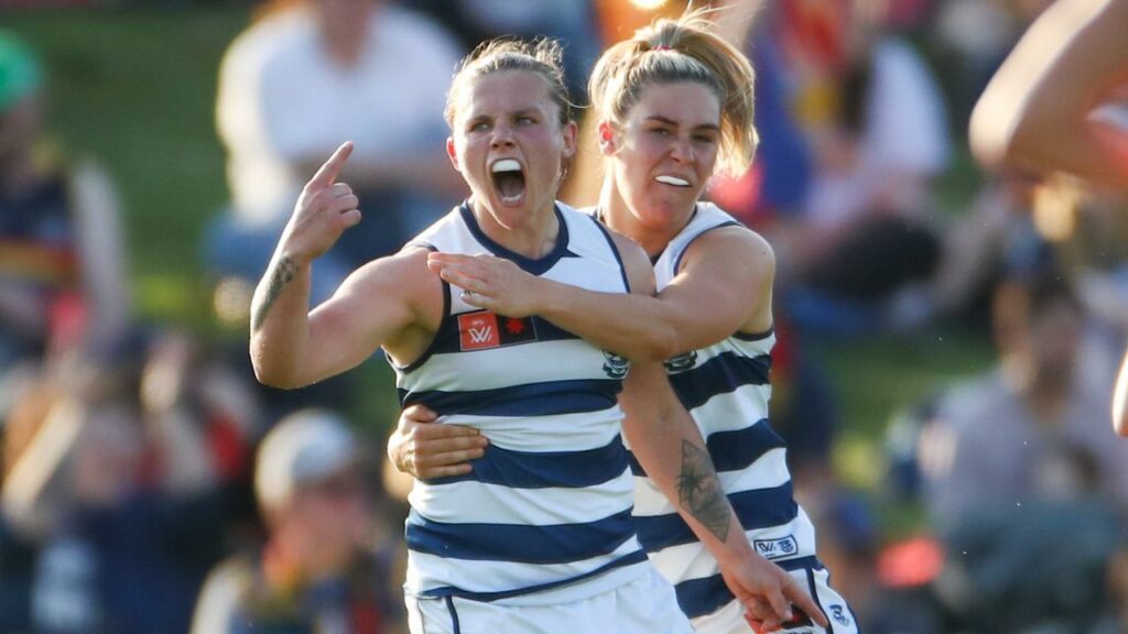 Chloe Scheer (left) scored five goals as Geelong got the better of the Swans at North Sydney Oval.
