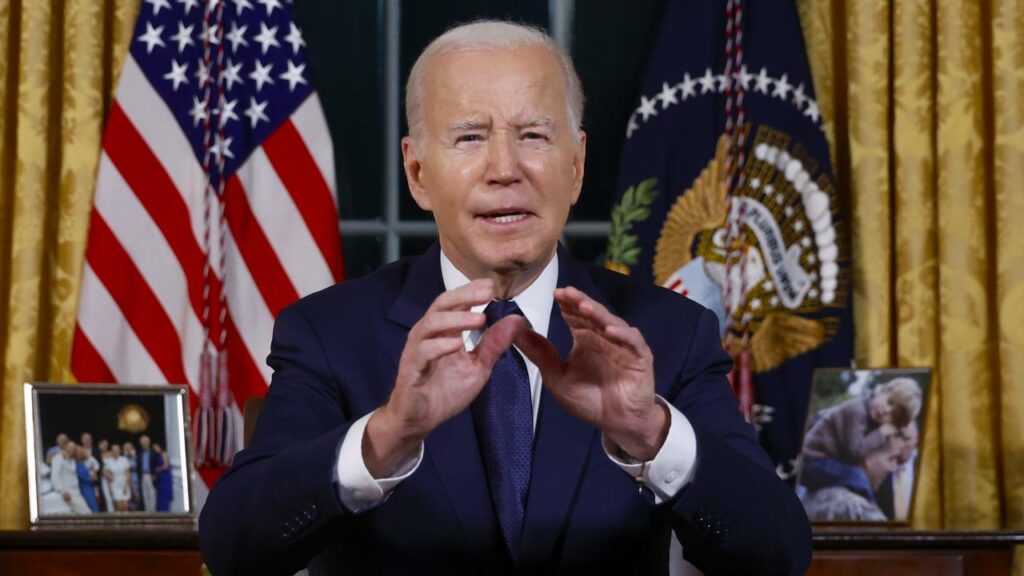 Joe Biden has used a rare Oval Office speech to say funding Israel and Ukraine is vital for the US.