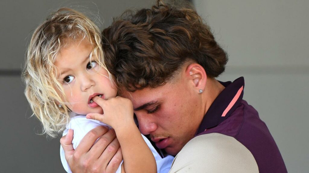 Reece Walsh, with daughter Leila in Brisbane on Monday, epitomised Brisbane’s grand final pain.