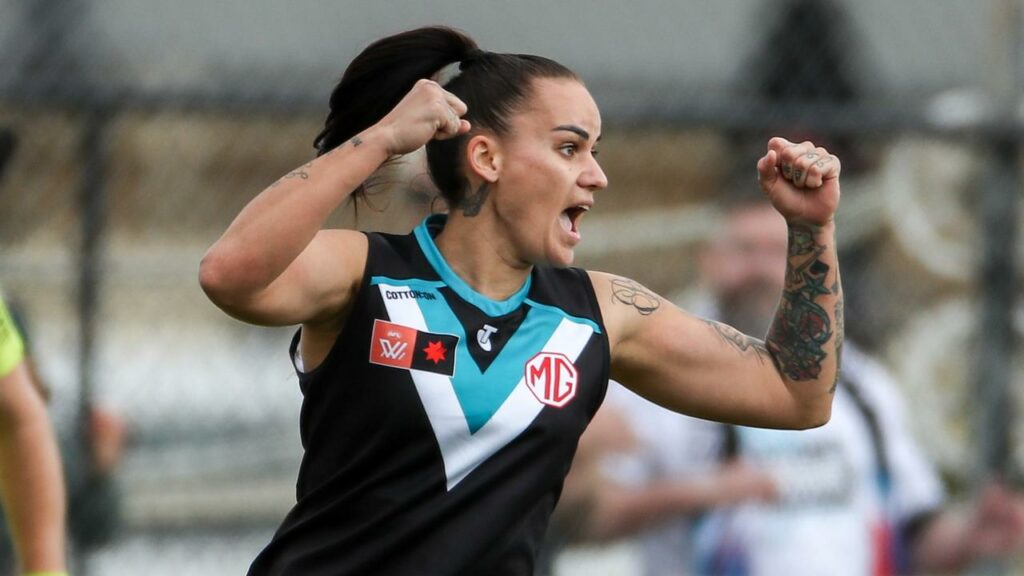Port Adelaide’s Gemma Houghton opened the scoring in a topsy-turvy AFLW thriller against Gold Coast.
