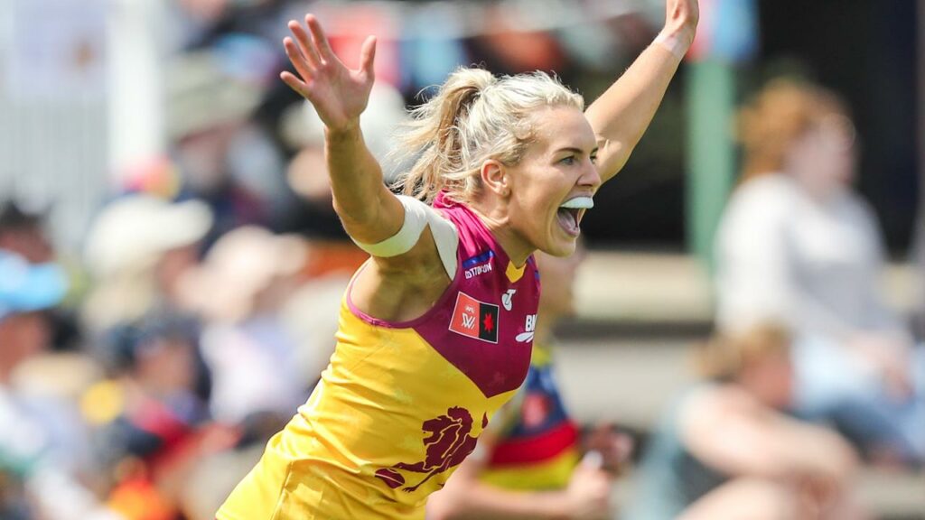 Brisbane’s Orla O’Dwyer celebrates a stunning goal in a two-point AFLW finals win over Adelaide.
