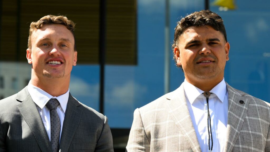 Latrell Mitchell (r) says he’s much happier now that he and Jack Wighton (l) were cleared in court.