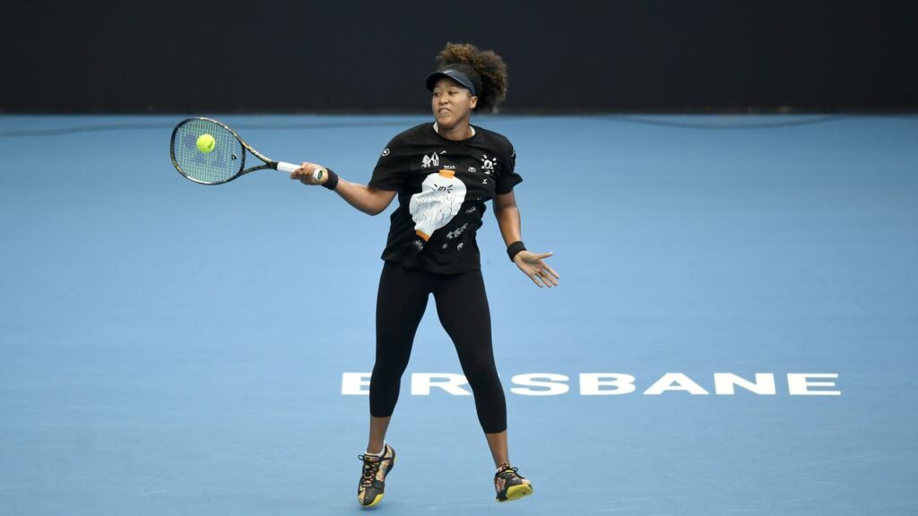 Naomi Osaka trains ahead of her professional tennis return at the Pat Rafter Arena in Brisbane.