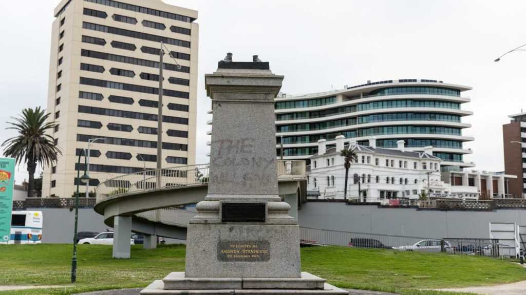 A statue of Captain Cook in St Kilda, Melbourne, has been cut off at the ankles.