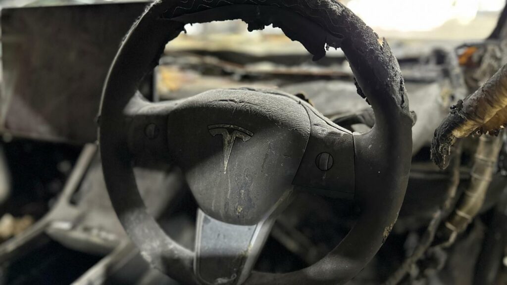 A Tesla Model 3 that caught fire after being hit is teaching firefighters about the technology.
