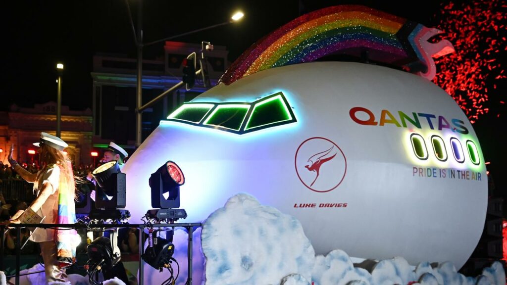 A Qantas float with the name of alleged murder victim Luke Davies at Sydney’s Mardi Gras Parade .

