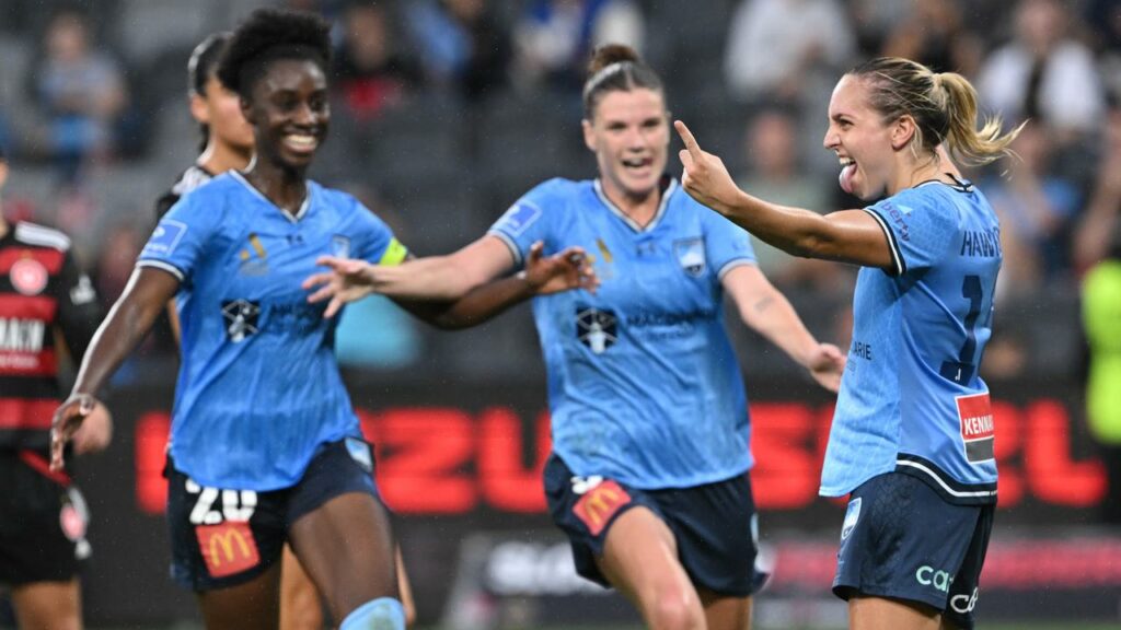 Sydney FC’s Mackenzie Hawkesby (right) scored from the penalty spot against the Wanderers.
