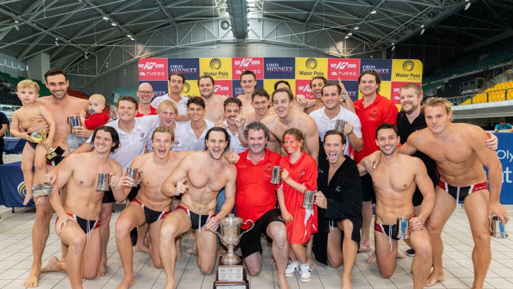 The Drummoyne Devils celebrate their breakthrough win in the Australian Water Polo League.