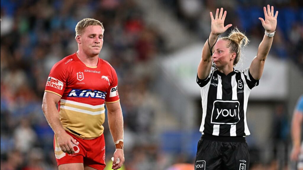 Dolphins lock Max Plath was sent to the sin bin for a hip-drop tackle on Titans winger Phil Sami.